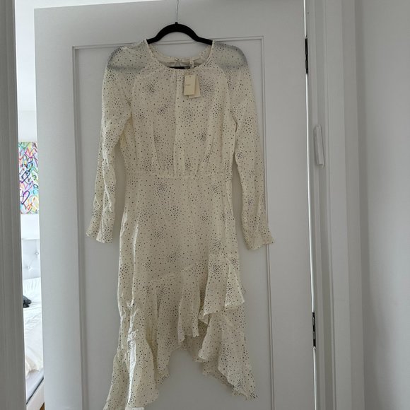 Maje Reto Asymmetric Dress Sz 40 Ecru Cupro Printed Ruffle Trim Long Sleeve - Picture 5 of 11